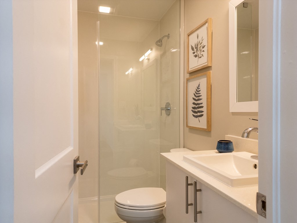 a bathroom with a shower and a sink and a toilet