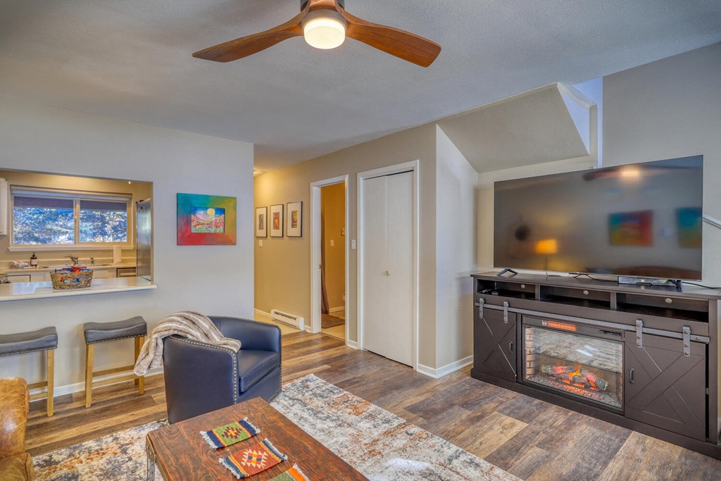 a living room with a fireplace and a tv