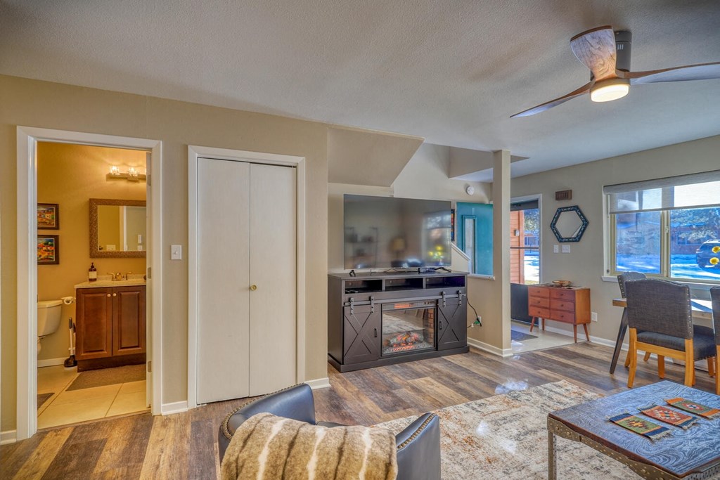 a living room with a fireplace and a kitchen with a sink