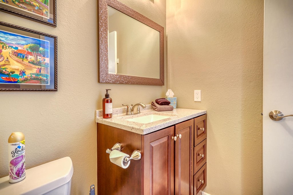 a bathroom with a sink and a mirror