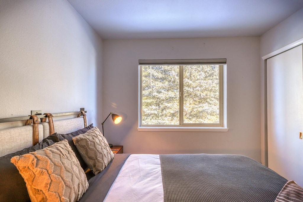 a bedroom with a large bed and a window