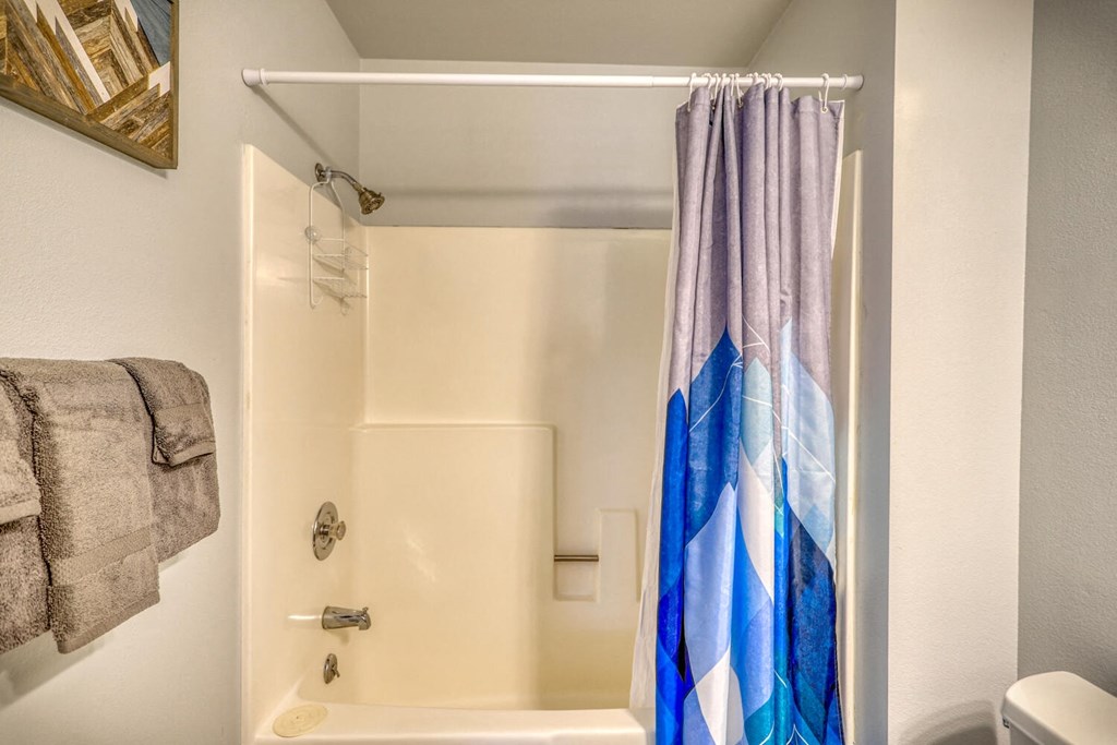 a bathroom with a shower curtain and a toilet in it