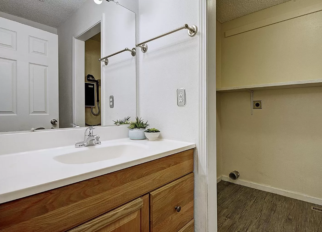 a bathroom with a sink and a mirror