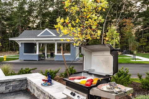 a grill in a backyard with a picnic table and a gazebo