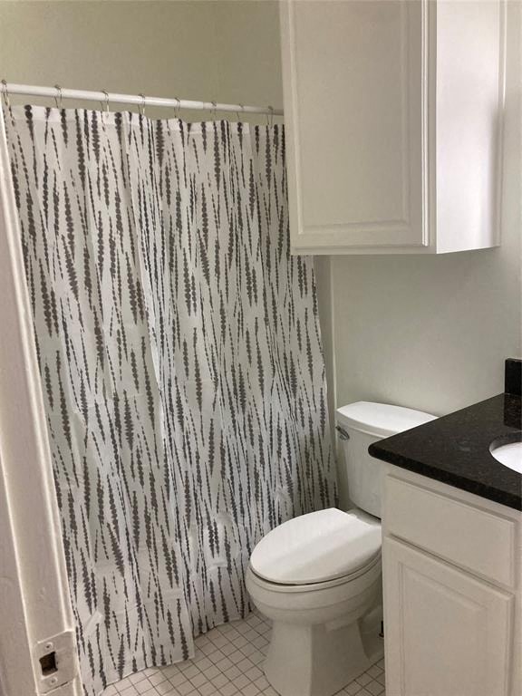 a bathroom with a shower curtain and a toilet