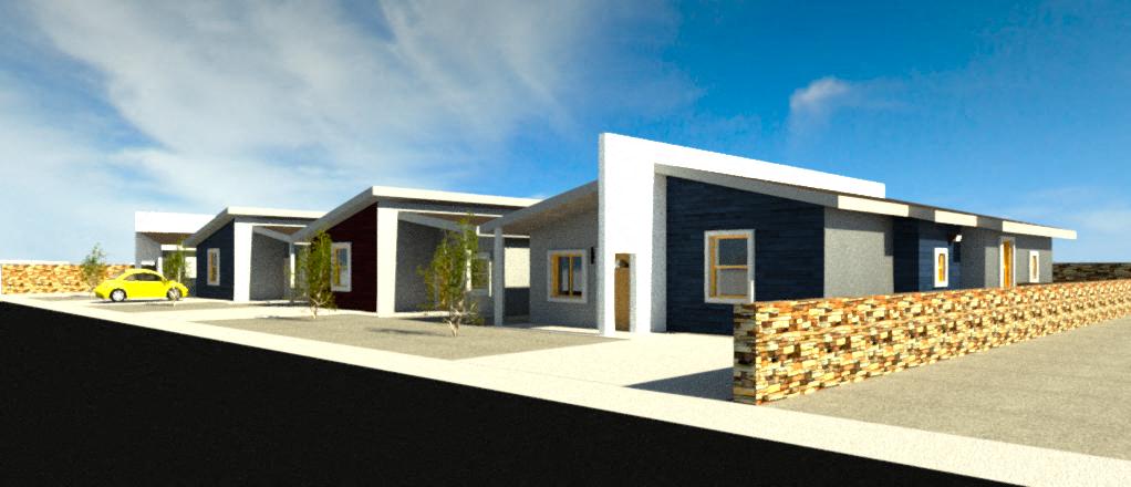 A yellow car is parked in front of a modern house.