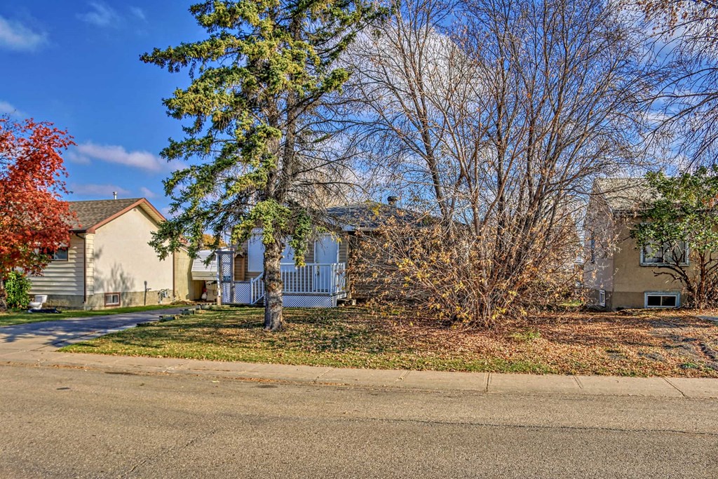 the front yard of a house with trees and a street