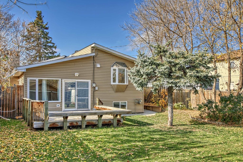 the back of a house with a deck and a tree
