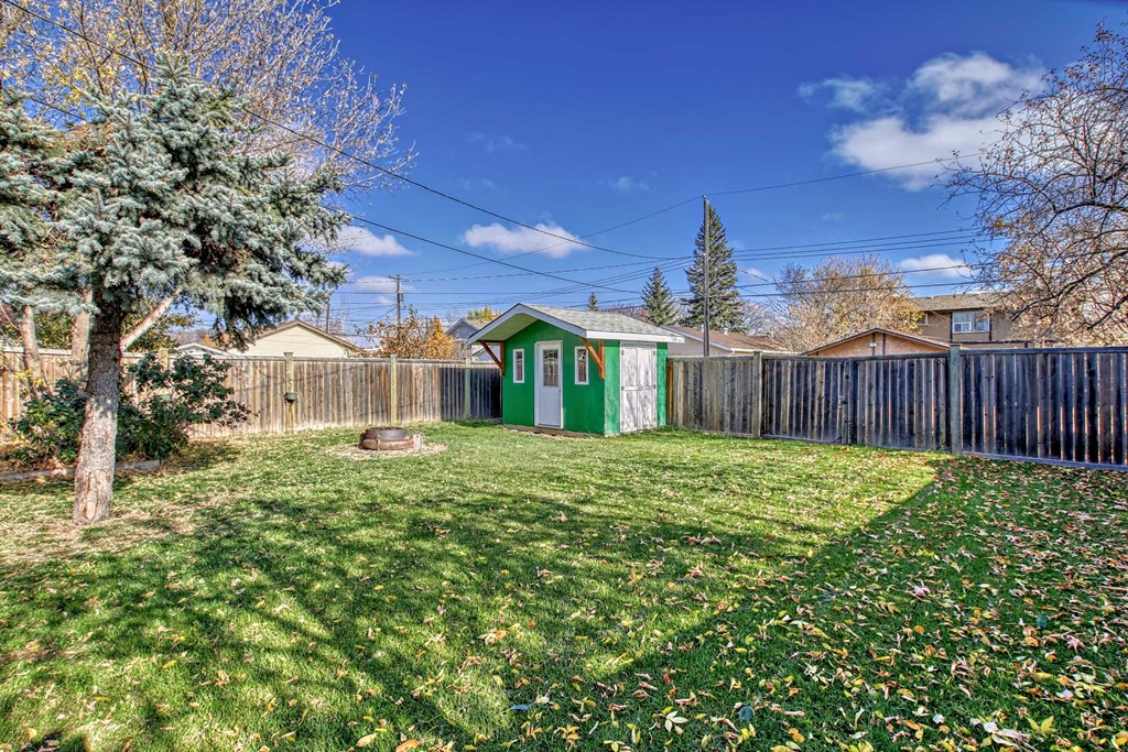 a backyard with a green shed and a fence