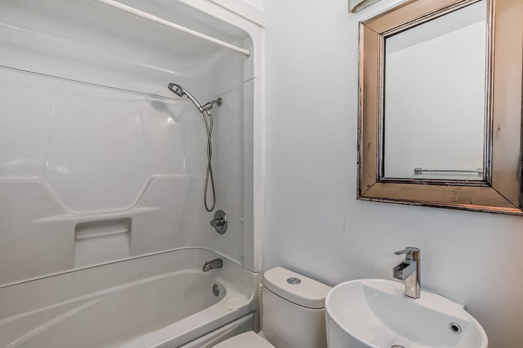 a bathroom with a shower toilet and sink and a mirror