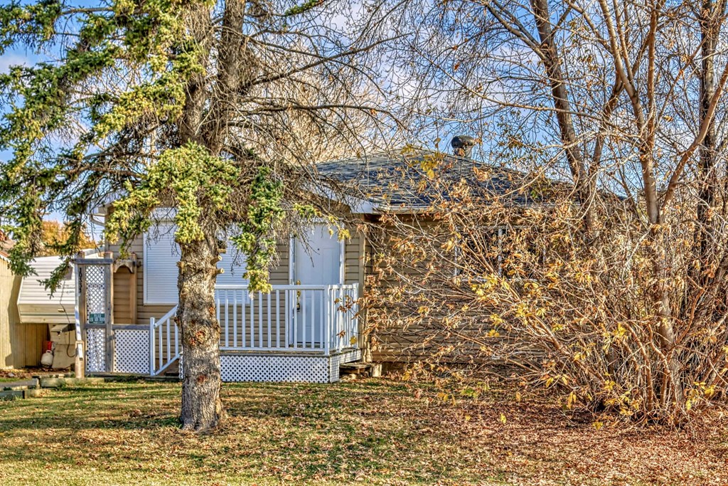 a house with a porch and a tree in front of it