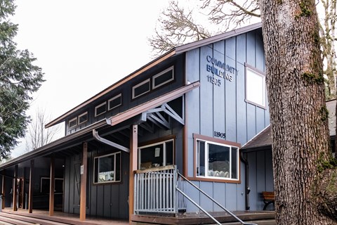 A blue building with the words "Community Building" on the side.