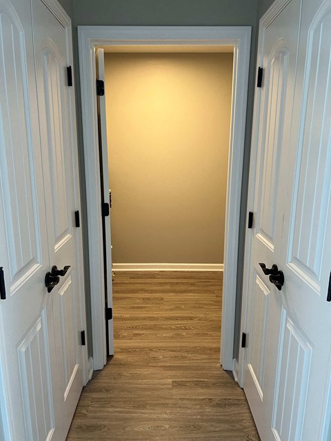 a hallway with a wood floor and white doors