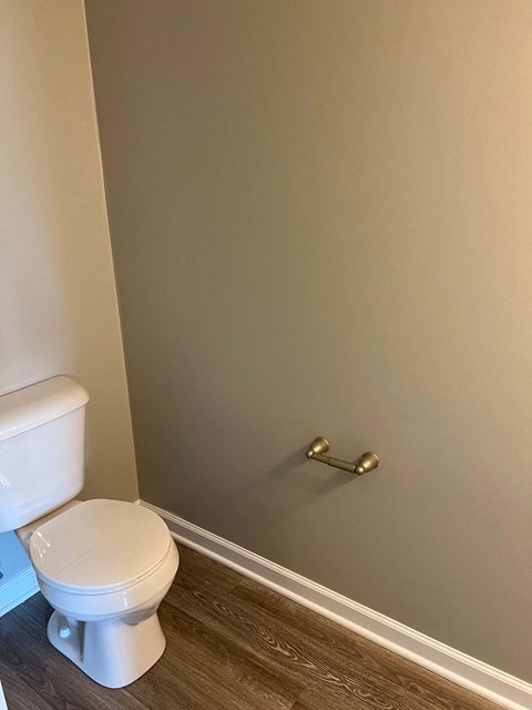 a bathroom with a toilet and a toilet paper roll on the wall