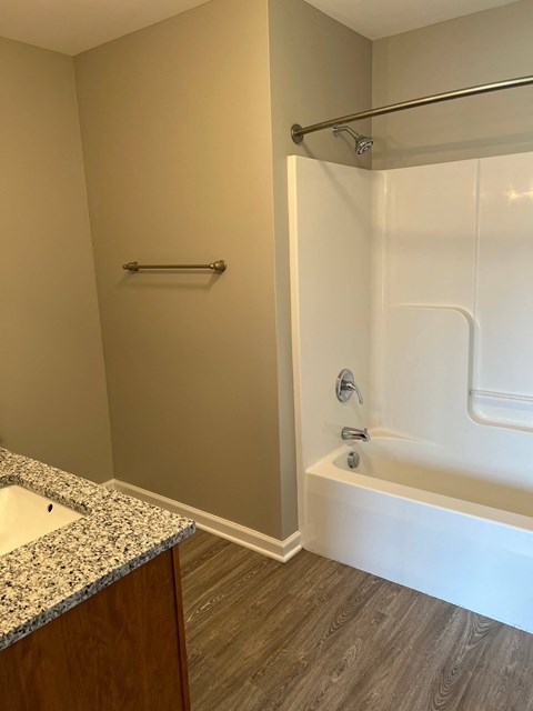 a bathroom with a tub and a sink and a mirror