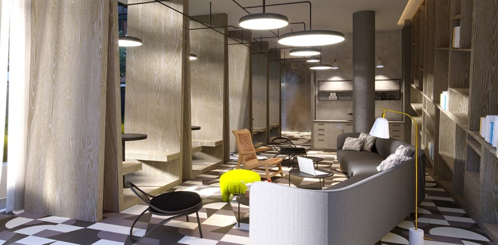 a rendering of a living room with a checkered floor