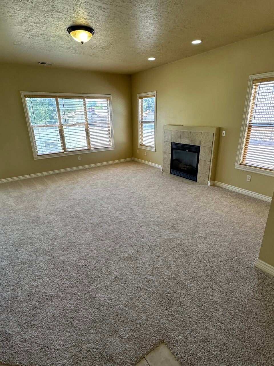 an empty living room with a fireplace and a carpeted floor