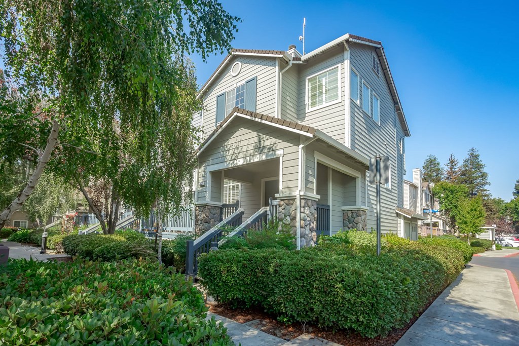 a house with a sidewalk and hedges in front of it