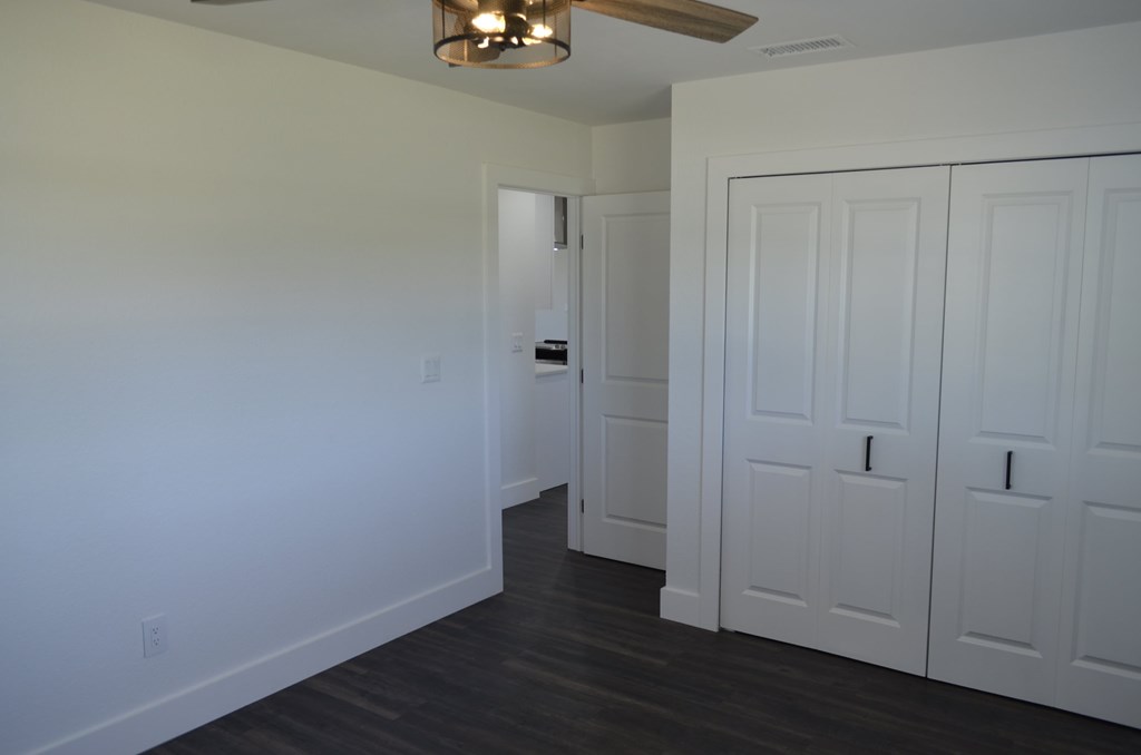 a bedroom with two closets and a ceiling fan