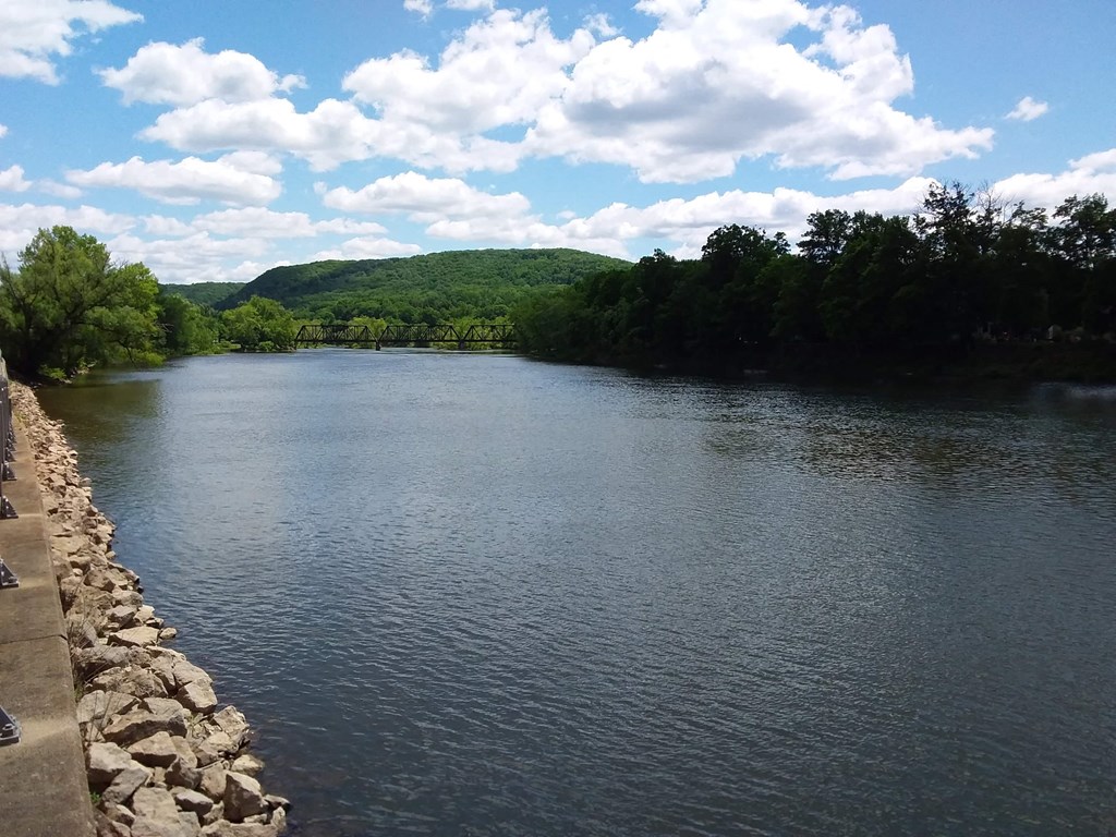 a river with mountains in the background and a cloudy sky