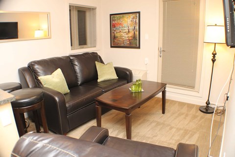 A living room with a brown leather couch and a wooden coffee table.