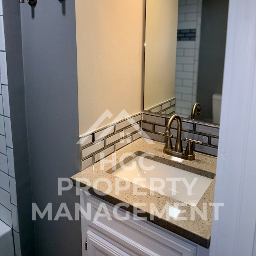 a bathroom with a sink and a mirror