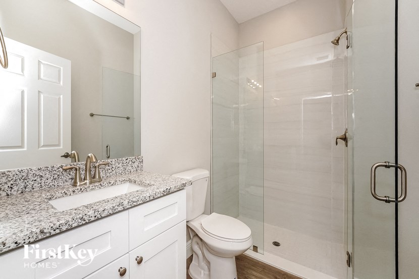 a bathroom with a shower and a sink and a toilet