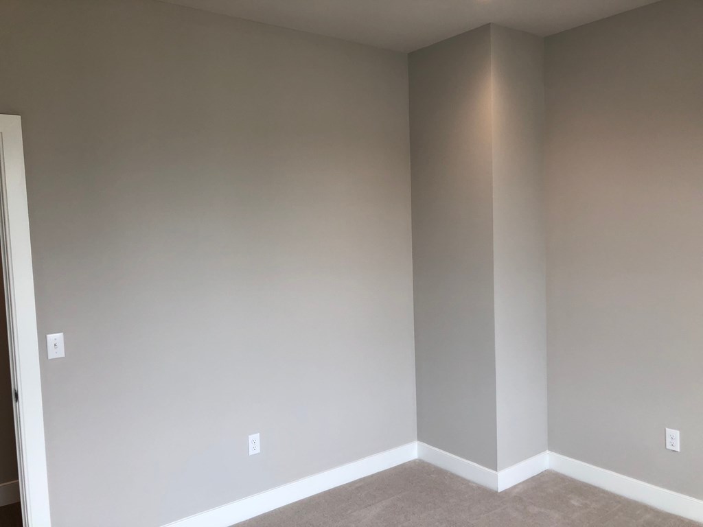 a corner of a room with grey walls and white carpet