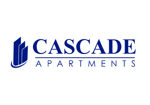 a logo for cascade apartments with the words cascade apartments in blue