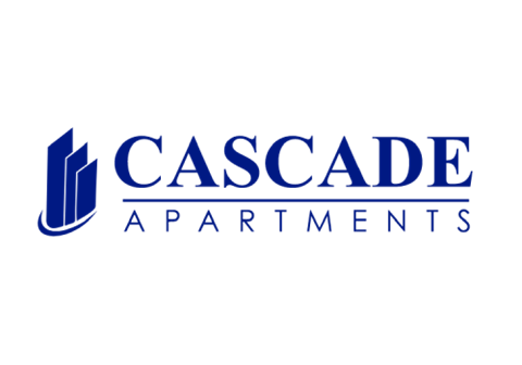 a logo for cascade apartments with the words cascade apartments in blue