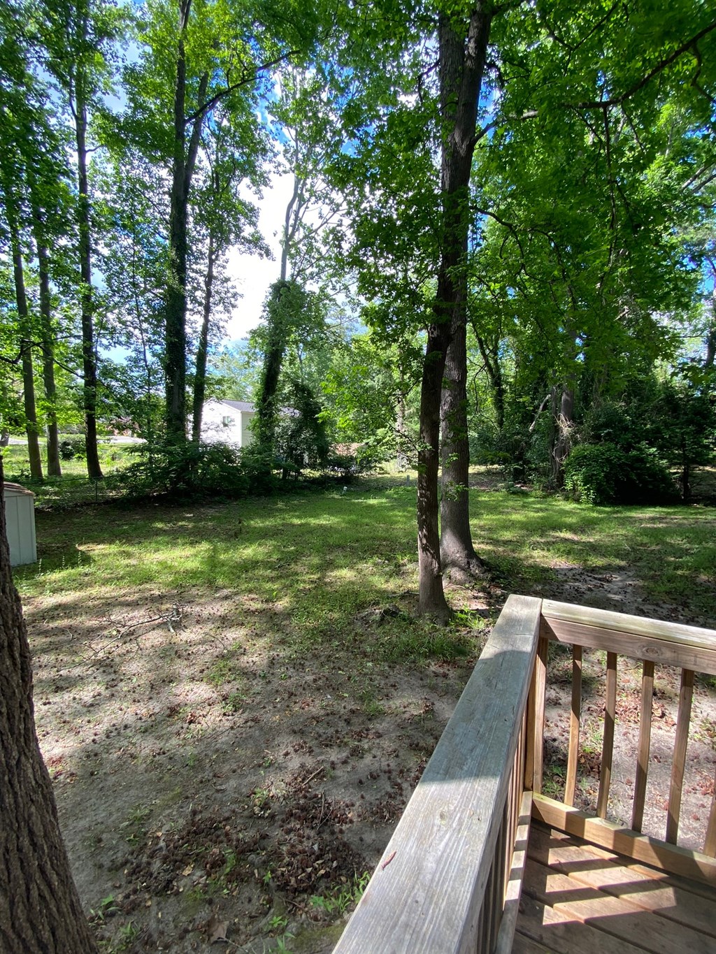 the view from the deck of a cabin in the woods