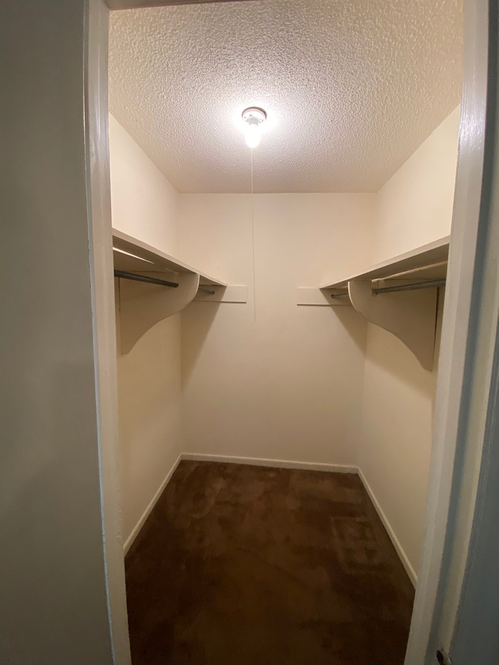 a walk in closet with shelves and a ceiling lamp