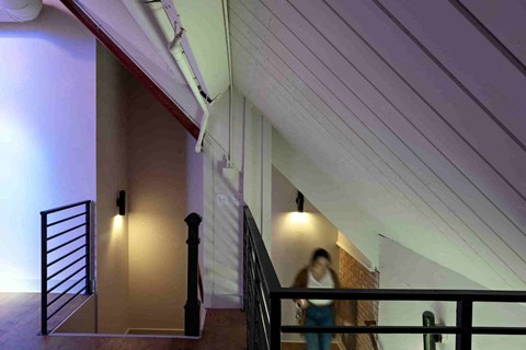 a woman walking down a staircase in a building