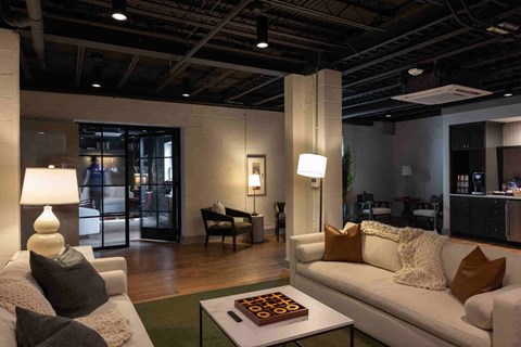 a living room with a couch and a coffee table