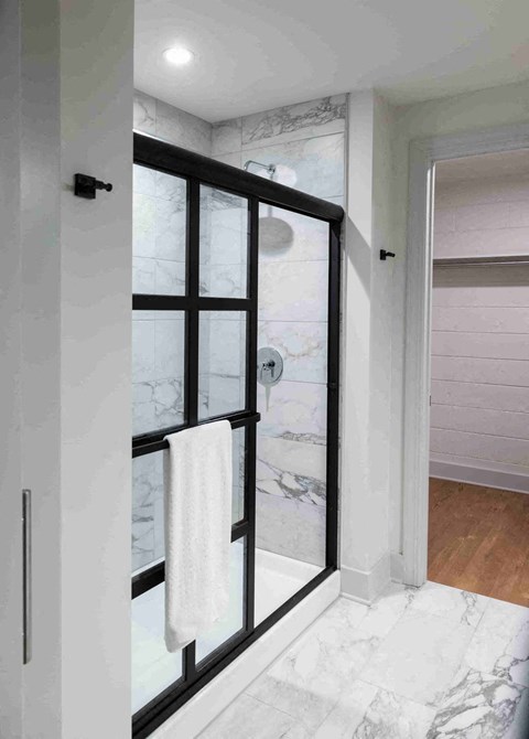 a bathroom with a shower with a glass door and a white towel