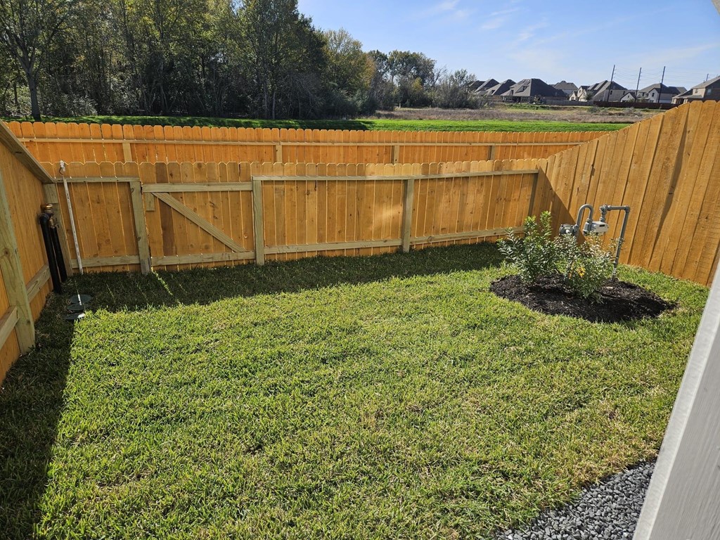 a backyard with a wooden fence and a garden