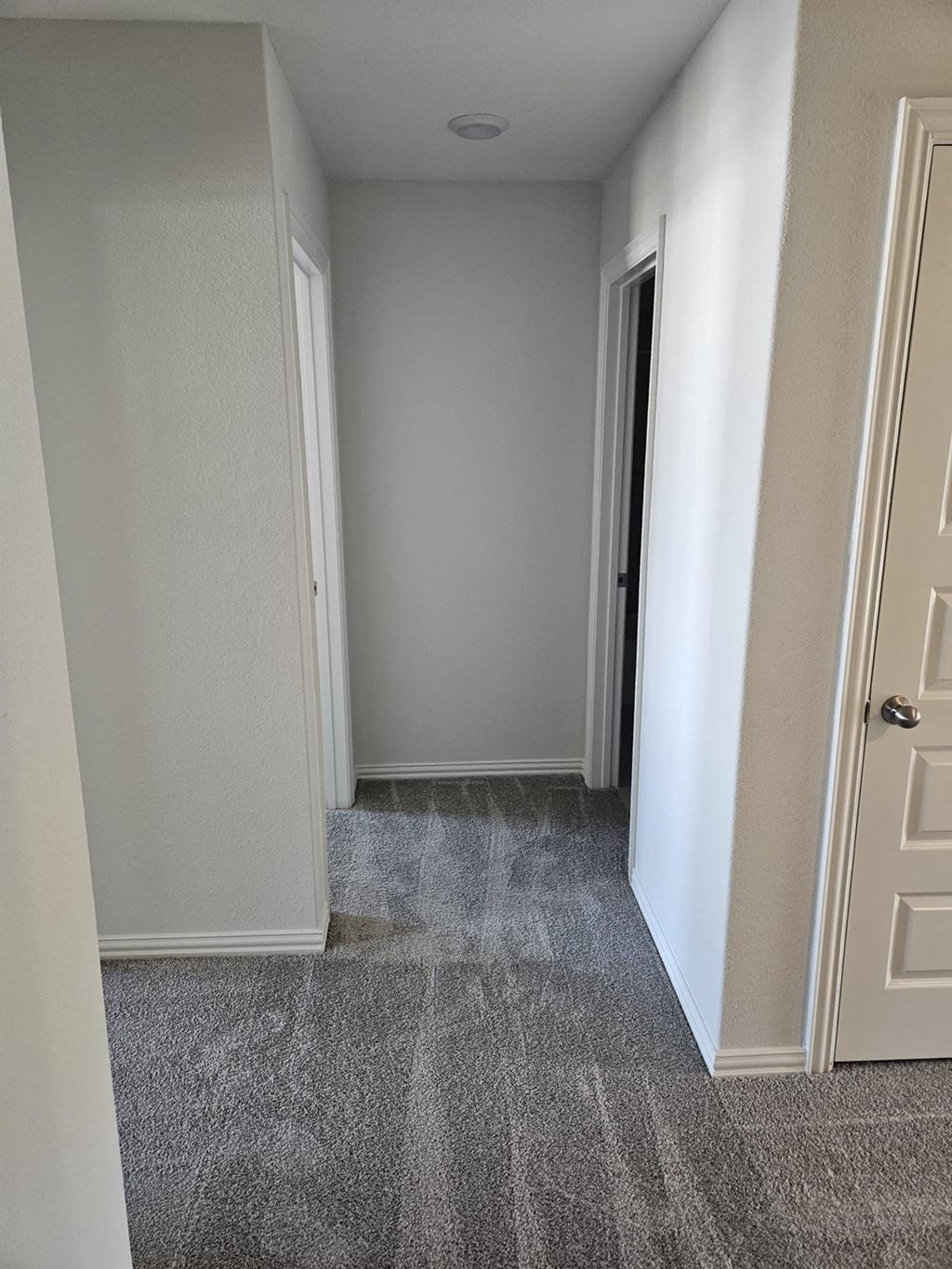 a hallway with a carpeted floor and a door to a closet