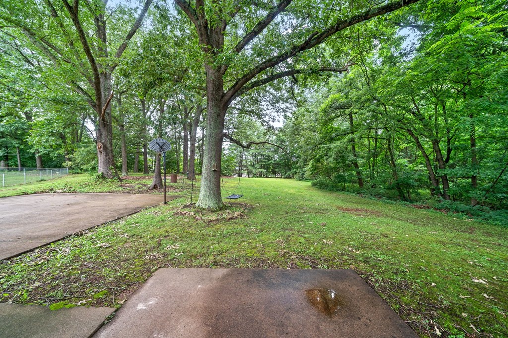 a view of a park with trees and a basketball court