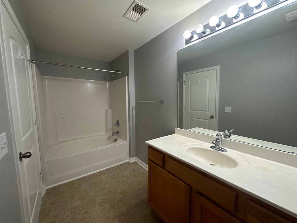 a bathroom with a sink and a shower and a mirror