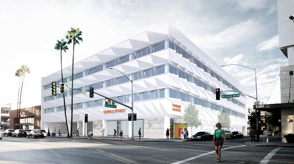 a rendering of a white building on a city street