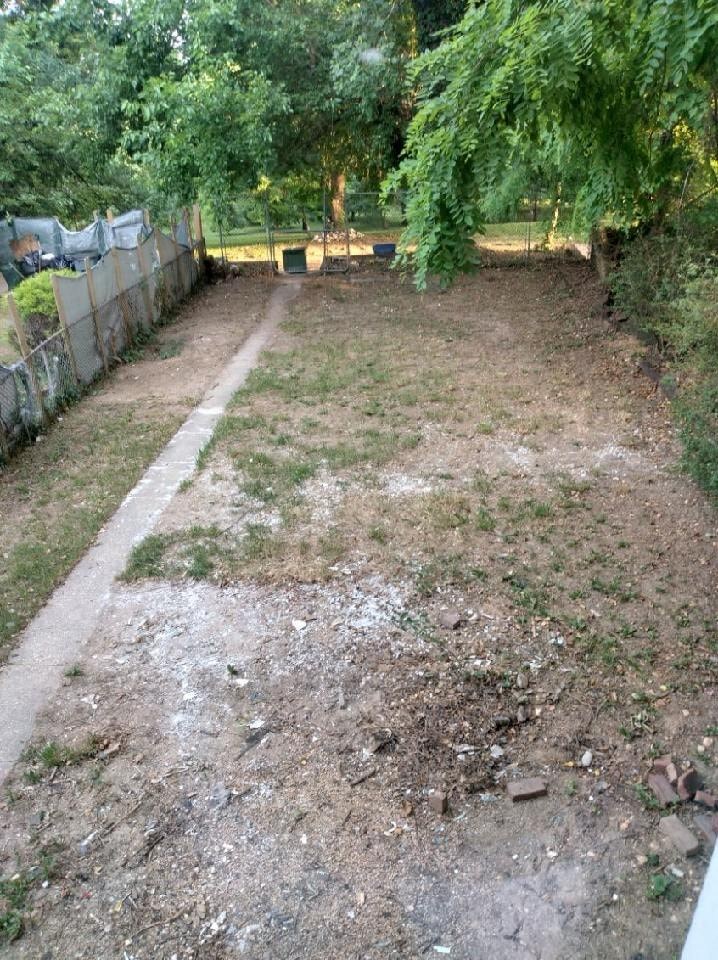 an empty yard with a fence and some trees