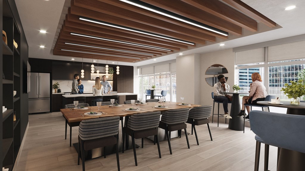 a rendering of a dining room with tables and chairs