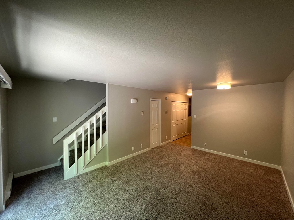 a empty living room with gray walls and a carpeted floor