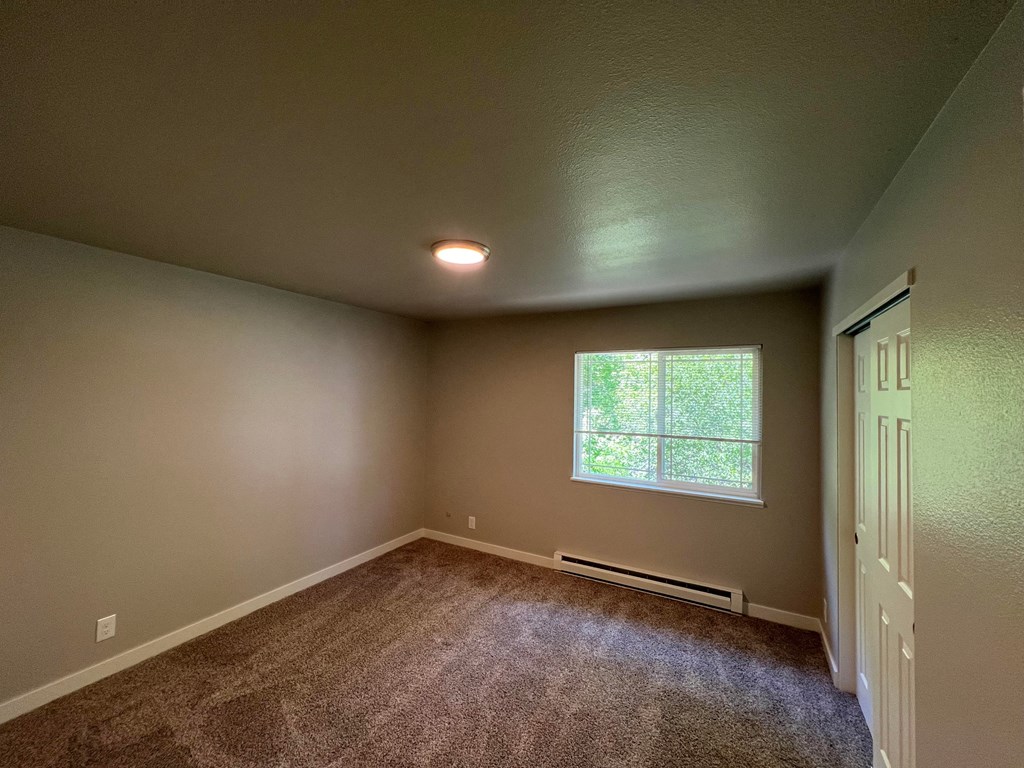 a empty room with carpet and a window