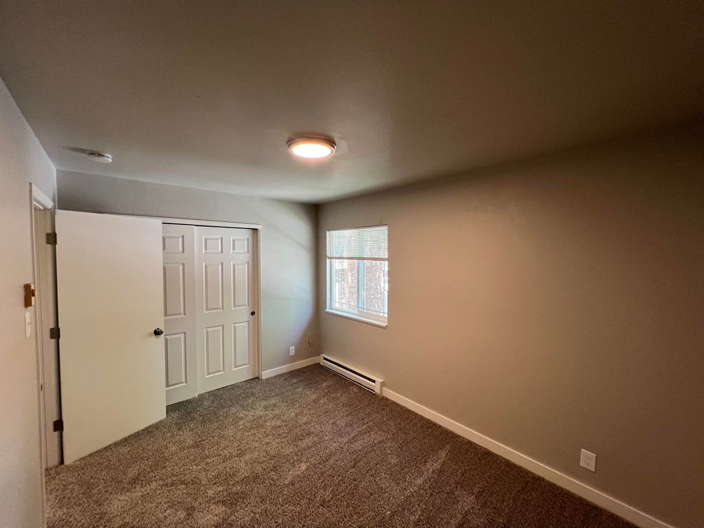 an empty living room with carpet and a window