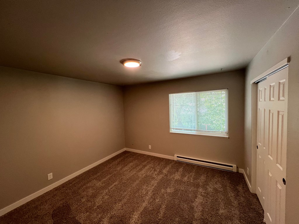 an empty room with carpet and a window and a door