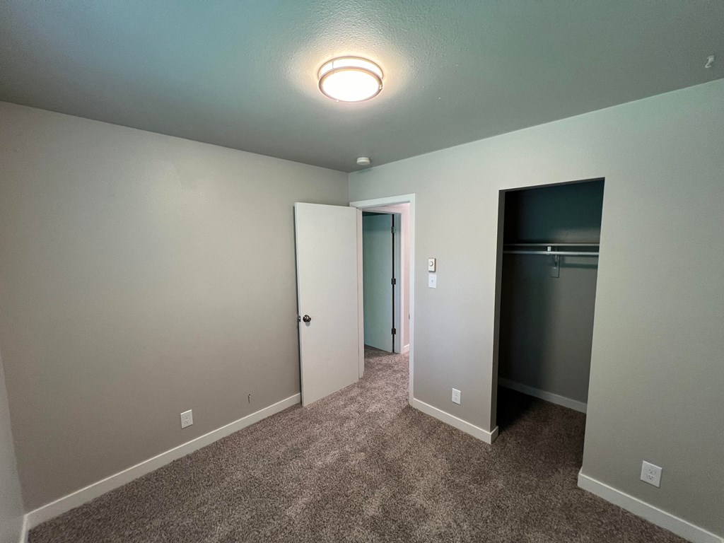 a empty room with carpet and a door to a closet