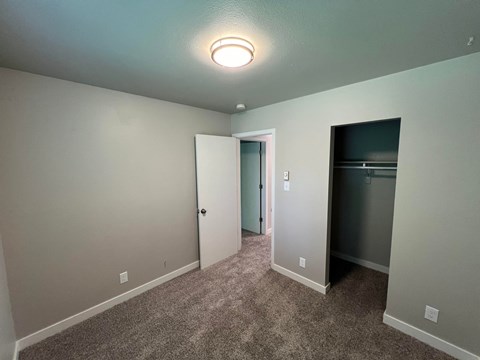 a empty room with carpet and a door to a closet