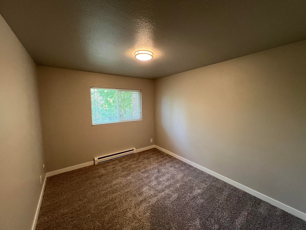 a empty room with carpet and a window