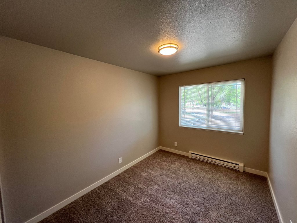 an empty room with carpet and a window